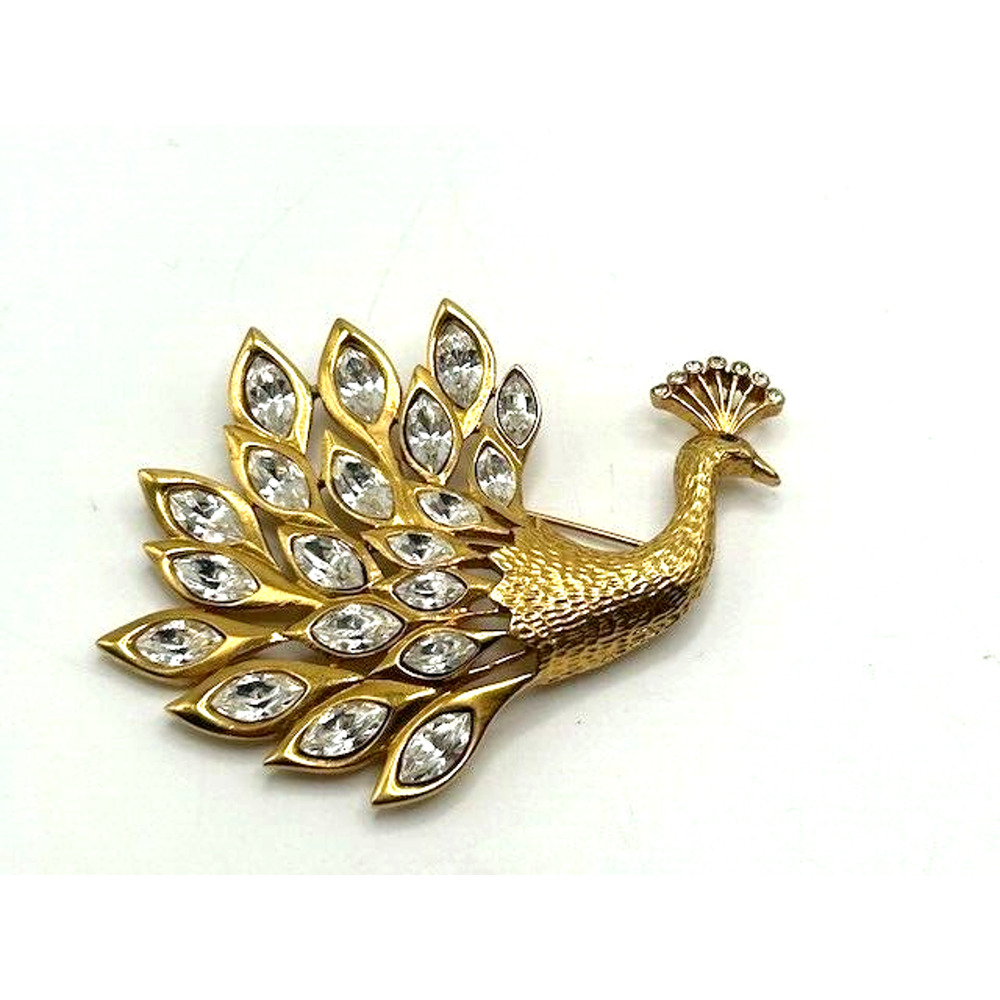 Vintage Strutting Goldtone Peacock With Navette Rhinestone Plumage Brooch Pin